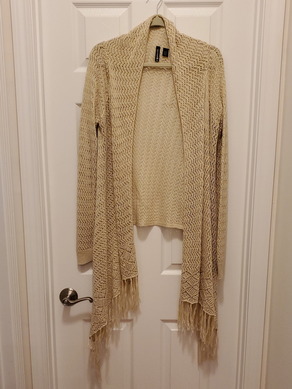Full Tilt Open-Front Fringe Knit Cardigan in Tan Ivory 🌻 Medium